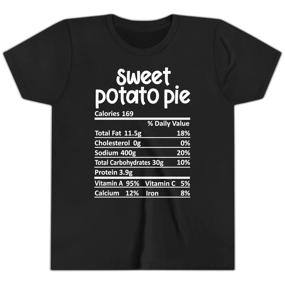 Sweet Potato Pie Nutrition Label Youth T-Shirt in Black