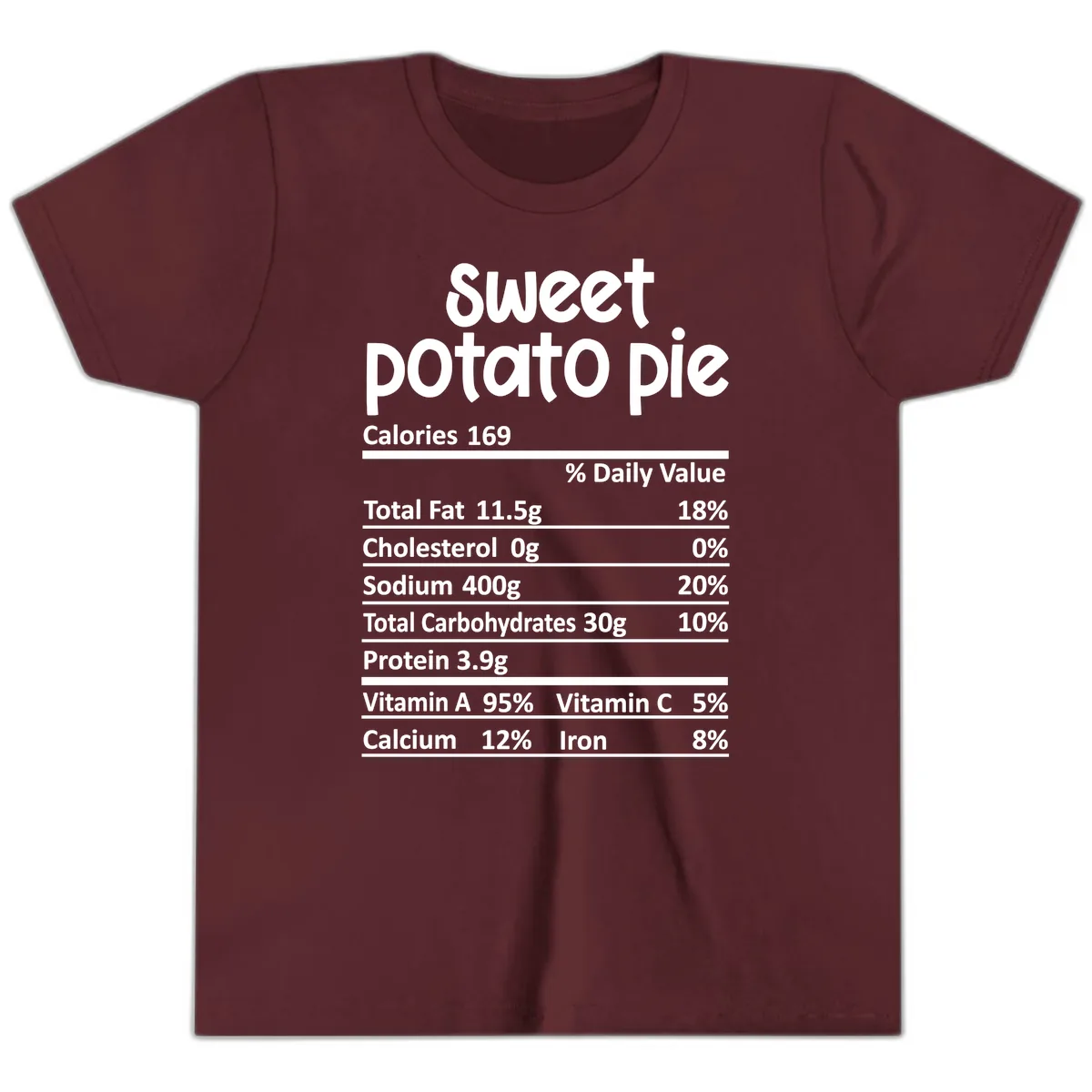 Sweet Potato Pie Nutrition Label Youth T-Shirt in Maroon
