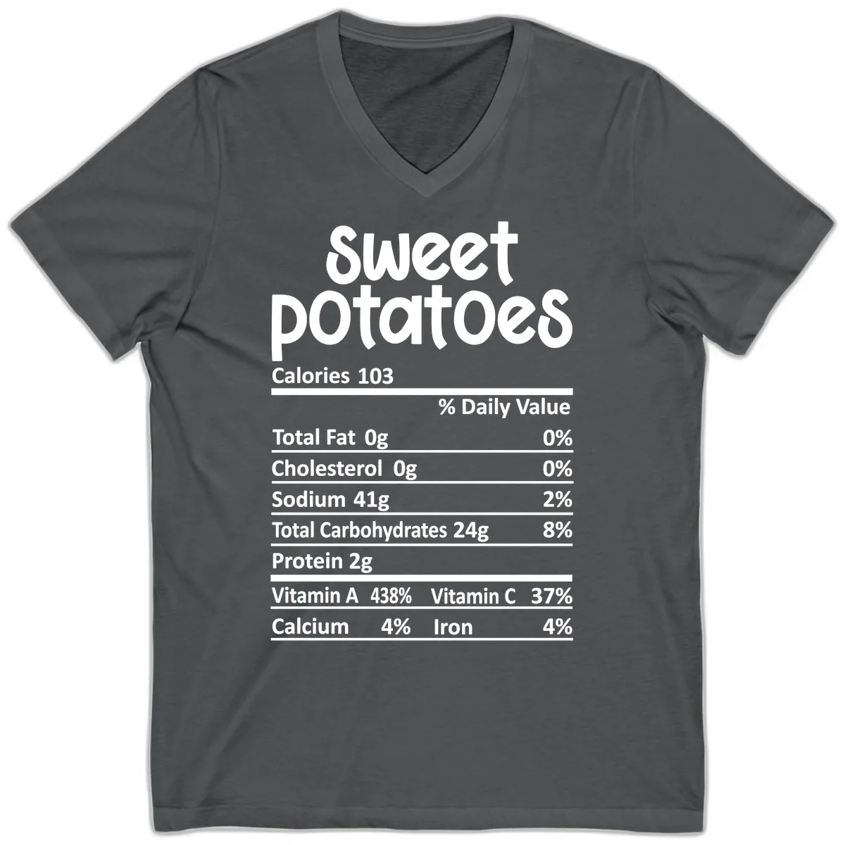 Sweet Potatoes Nutrition Facts V-Neck in Asphalt
