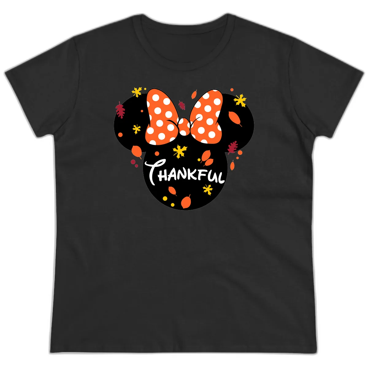 Minnie Thankful Fall Leaves Design Ladies Tee in Black