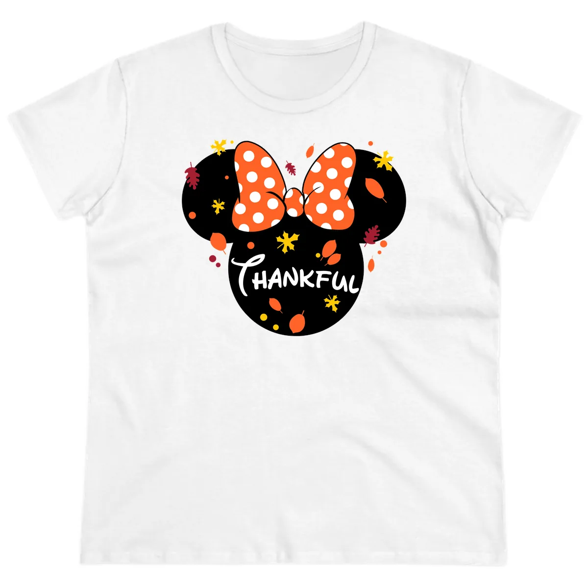 Minnie Thankful Fall Leaves Design Ladies Tee in White