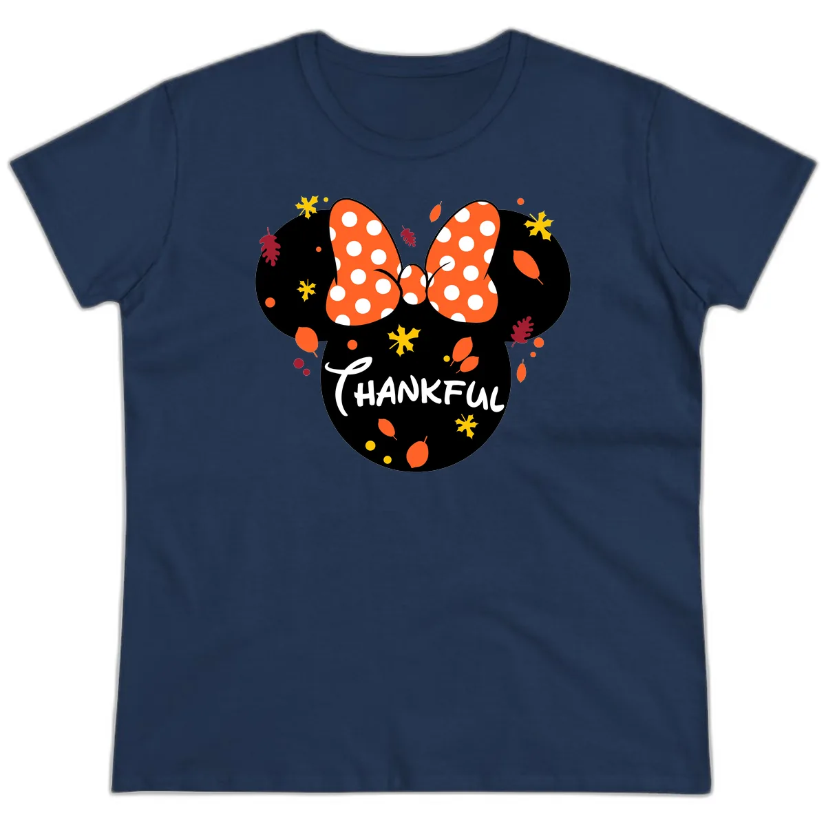 Minnie Thankful Fall Leaves Design Ladies Tee in Navy