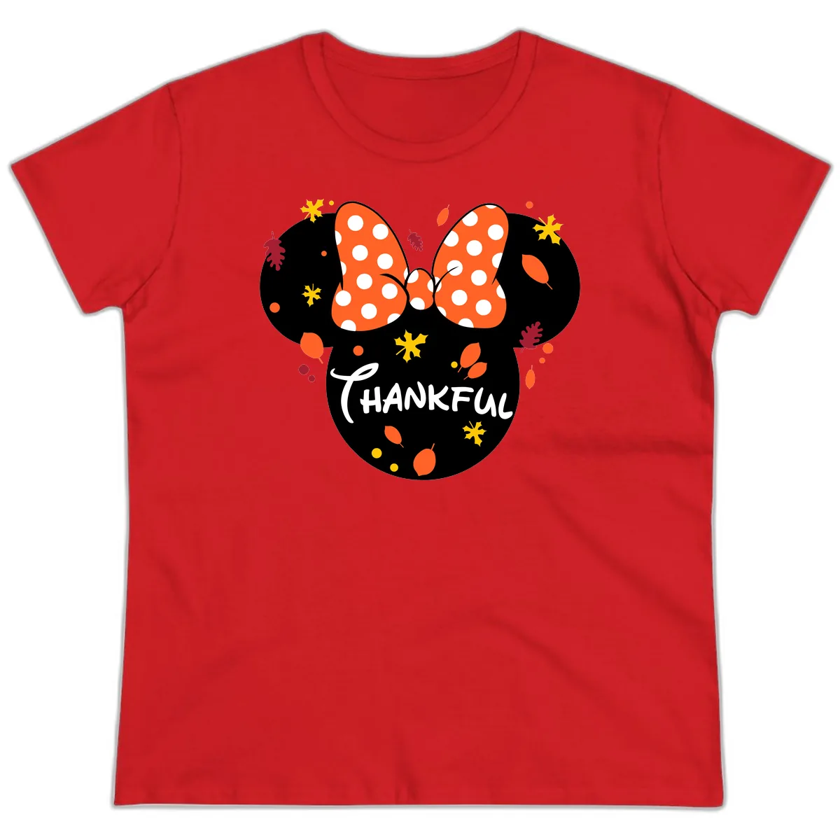 Minnie Thankful Fall Leaves Design Ladies Tee in Red