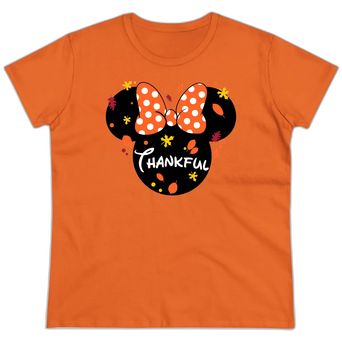Minnie Thankful Fall Leaves Design Ladies Tee in Orange
