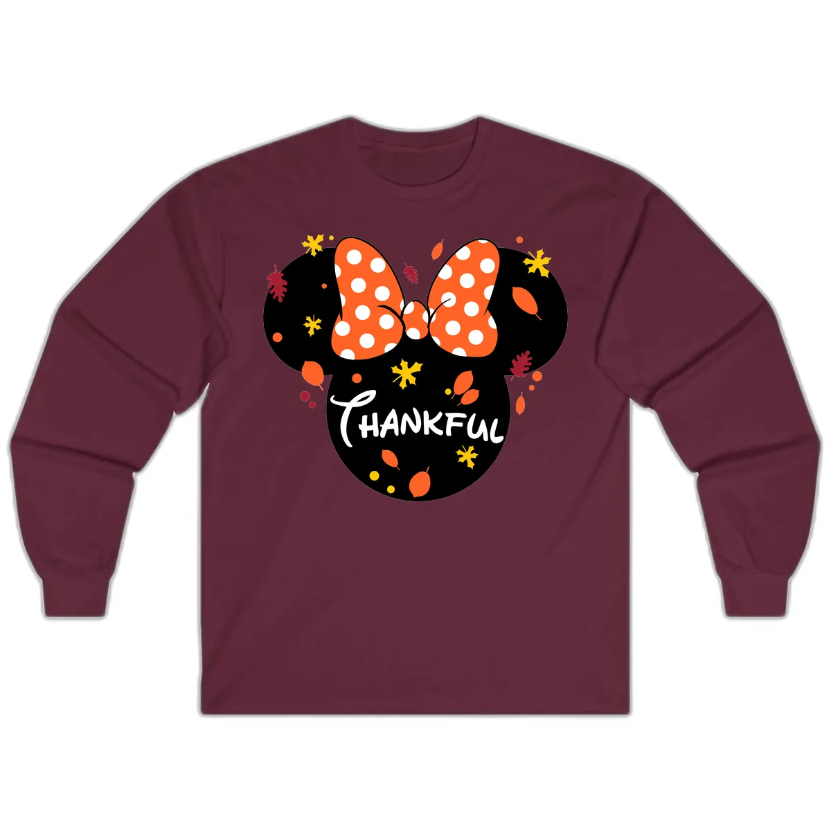 Minnie Thankful Fall Leaves Design Long Sleeve in Maroon