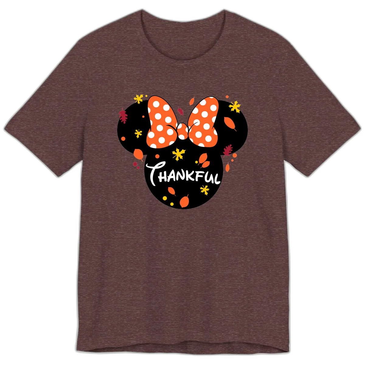 Minnie Thankful Fall Leaves Design Premium T-Shirt in Heather Maroon