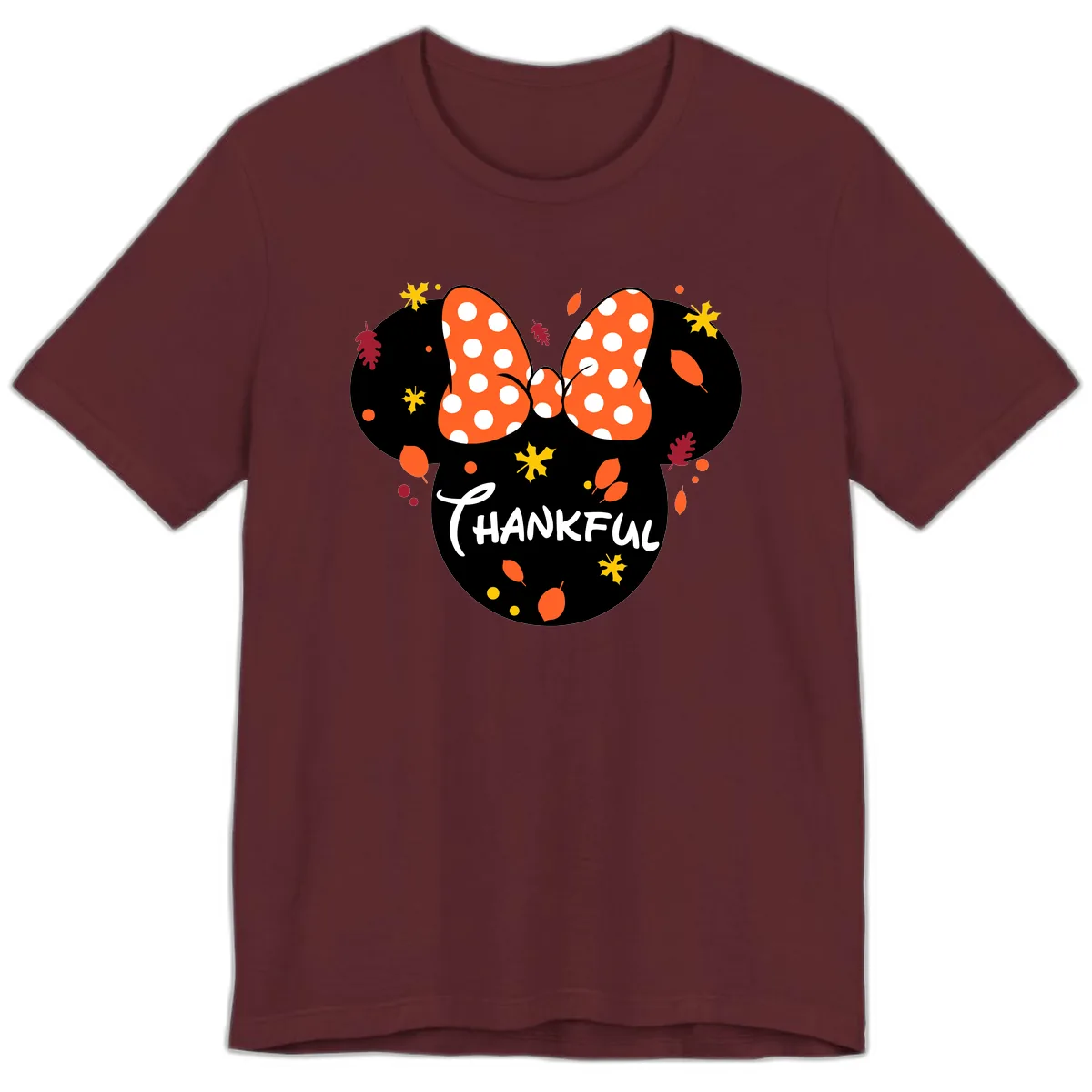 Minnie Thankful Fall Leaves Design Premium T-Shirt in Maroon
