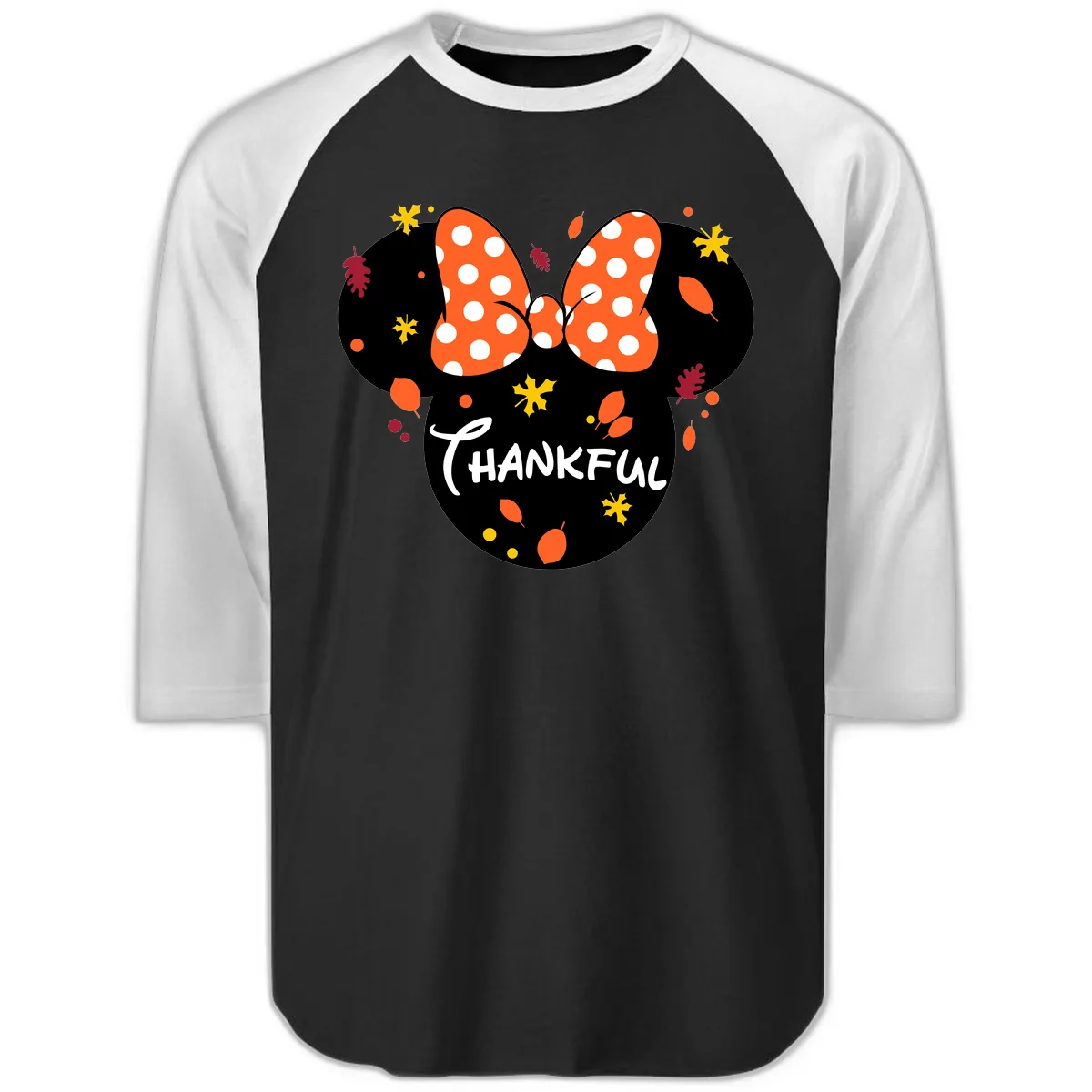 Minnie Thankful Fall Leaves Design Raglan 3/4 in Black White