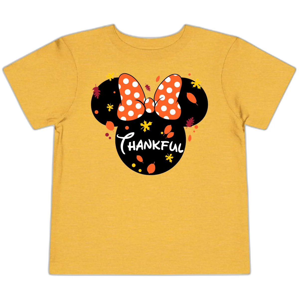 Minnie Thankful Fall Leaves Design Toddler T-Shirt in Heather Yellow Gold