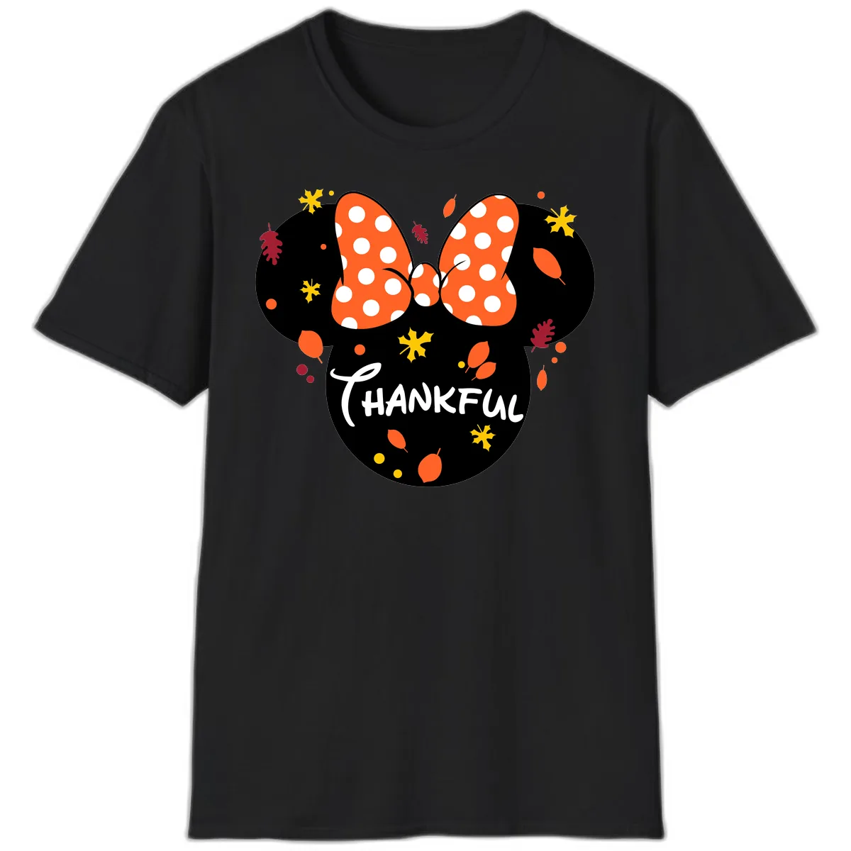 Minnie Thankful Fall Leaves Design T-Shirt in Black