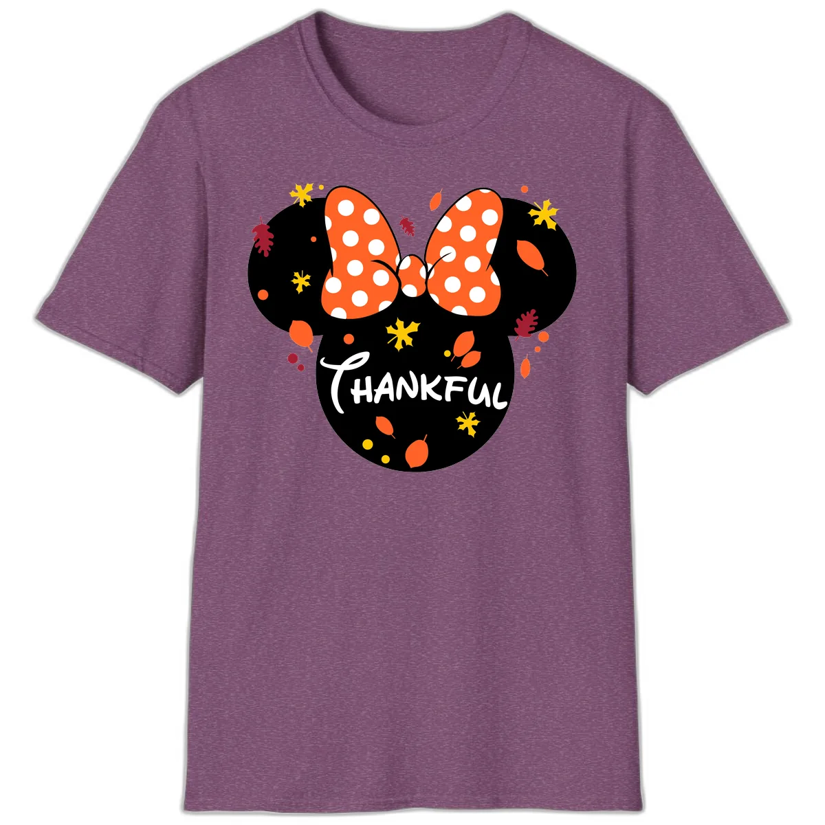 Minnie Thankful Fall Leaves Design T-Shirt in Heather Maroon