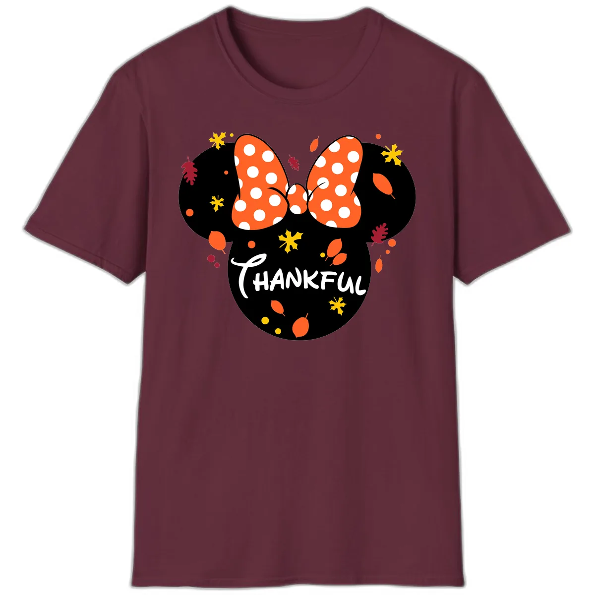 Minnie Thankful Fall Leaves Design T-Shirt in Maroon