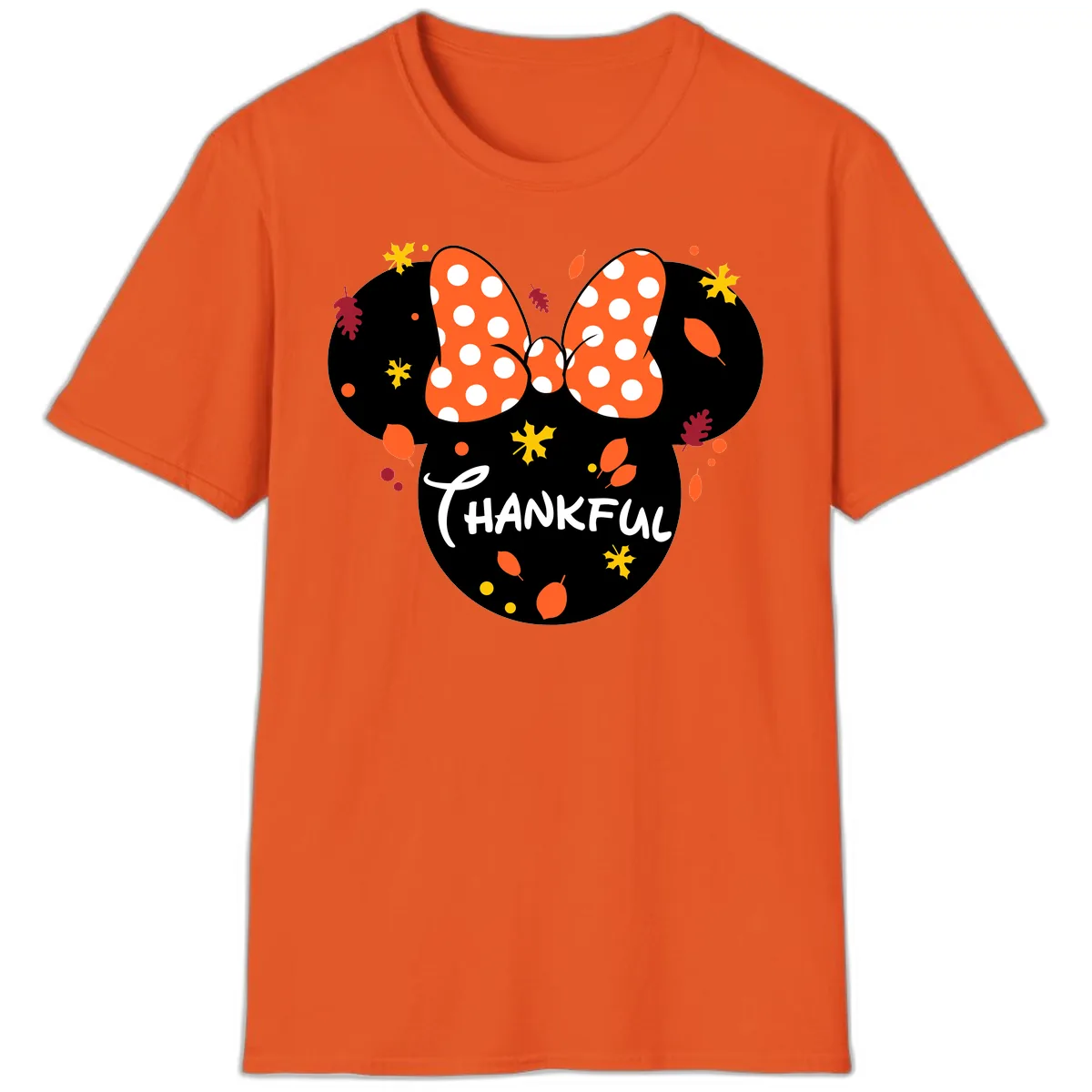 Minnie Thankful Fall Leaves Design T-Shirt in Orange