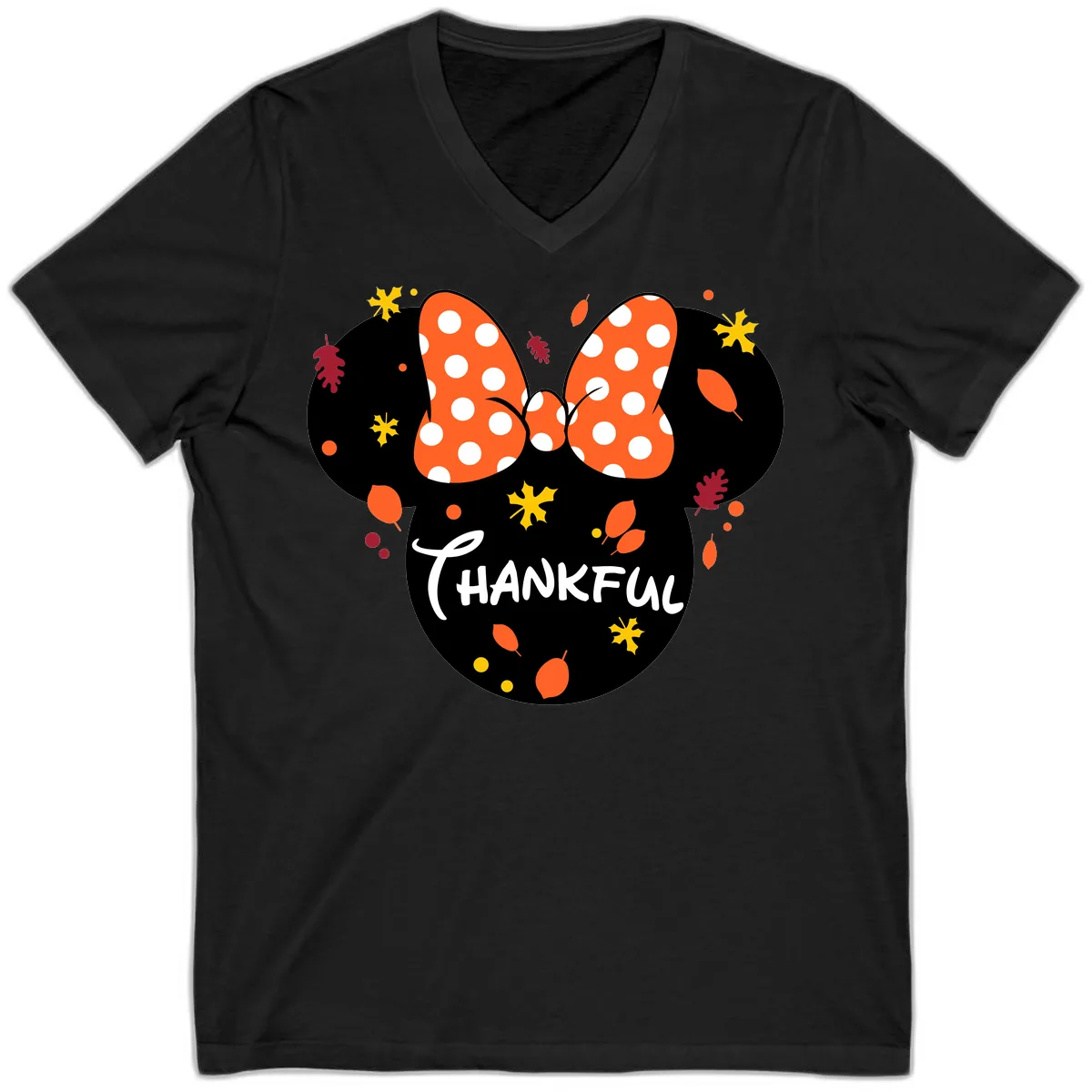 Minnie Thankful Fall Leaves Design V-Neck in Black