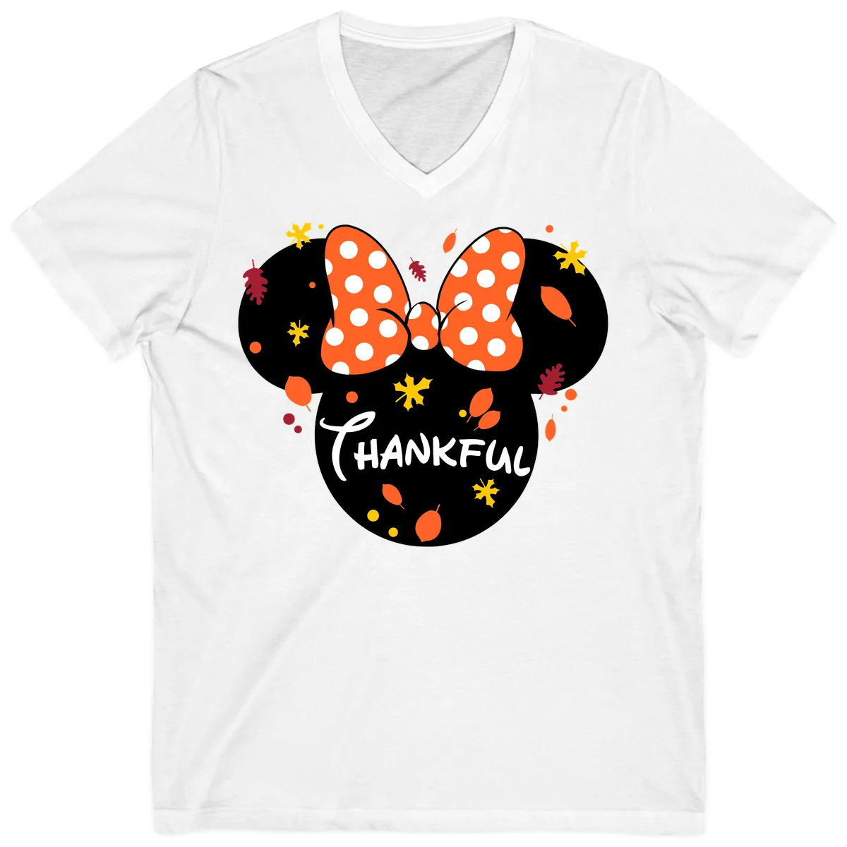 Minnie Thankful Fall Leaves Design V-Neck in White