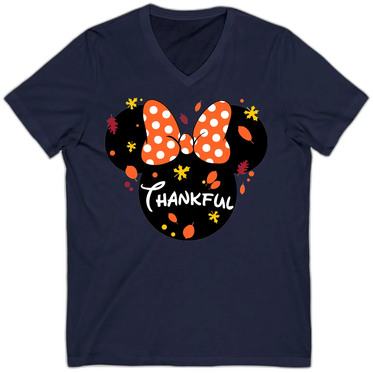 Minnie Thankful Fall Leaves Design V-Neck in Navy