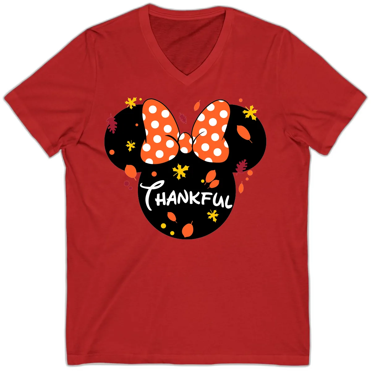 Minnie Thankful Fall Leaves Design V-Neck in Red