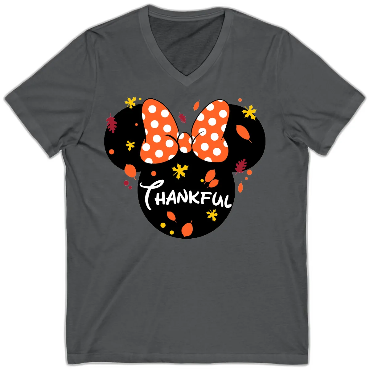 Minnie Thankful Fall Leaves Design V-Neck in Asphalt