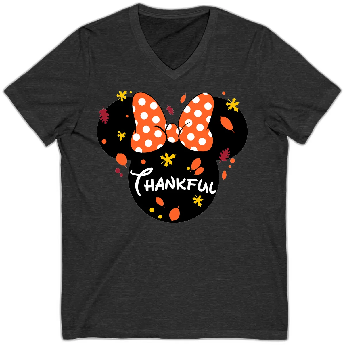 Minnie Thankful Fall Leaves Design V-Neck in Dark Grey Heather