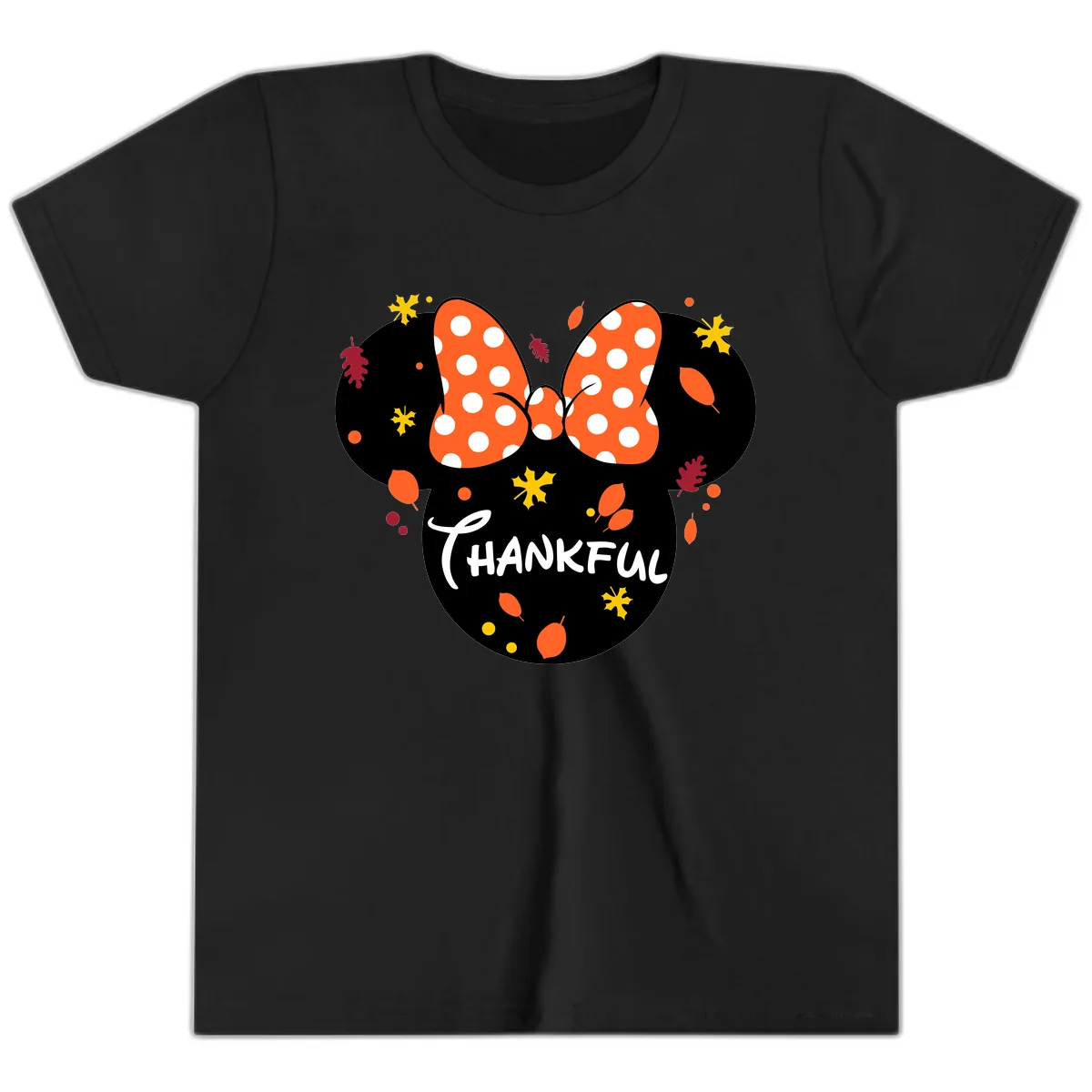 Minnie Thankful Fall Leaves Design Youth T-Shirt in Black