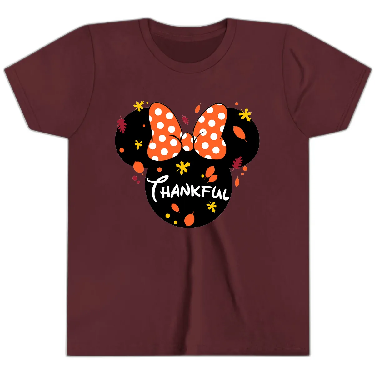 Minnie Thankful Fall Leaves Design Youth T-Shirt in Maroon