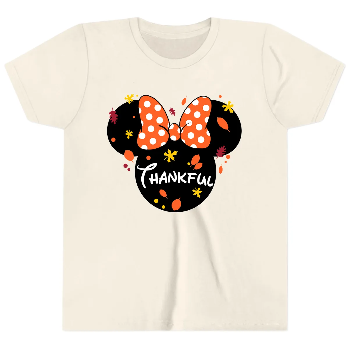 Minnie Thankful Fall Leaves Design Youth T-Shirt in Natural