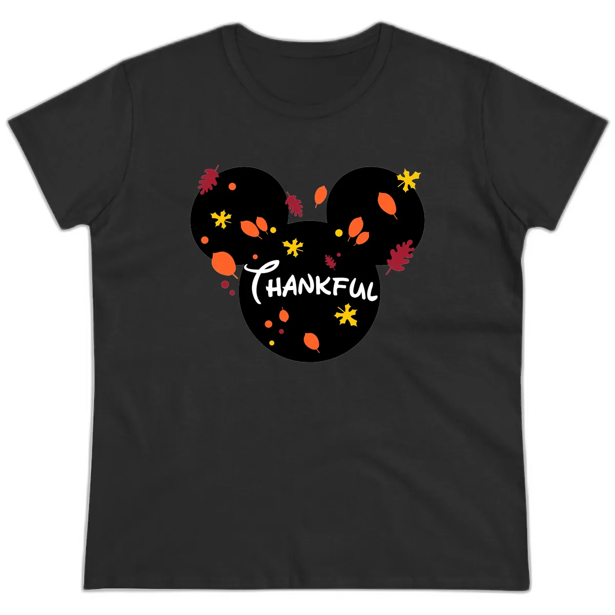 Mickey Ears Thankful Leaves Ladies Tee in Black