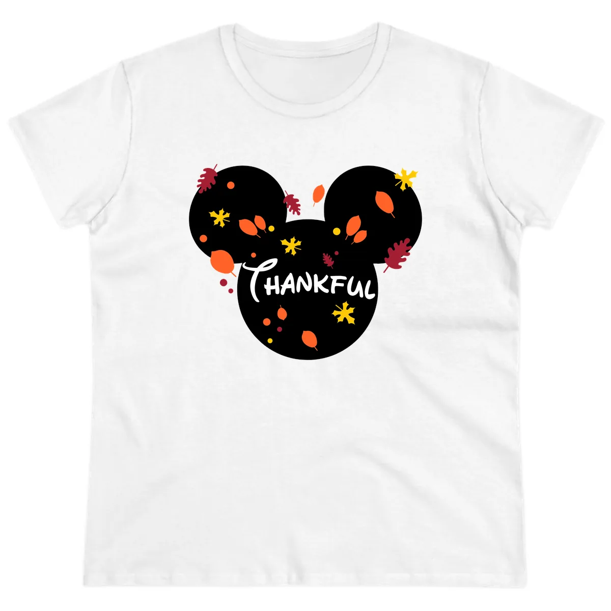 Mickey Ears Thankful Leaves Ladies Tee in White