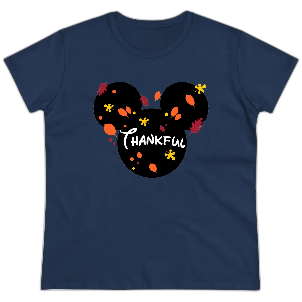 Mickey Ears Thankful Leaves Ladies Tee in Navy