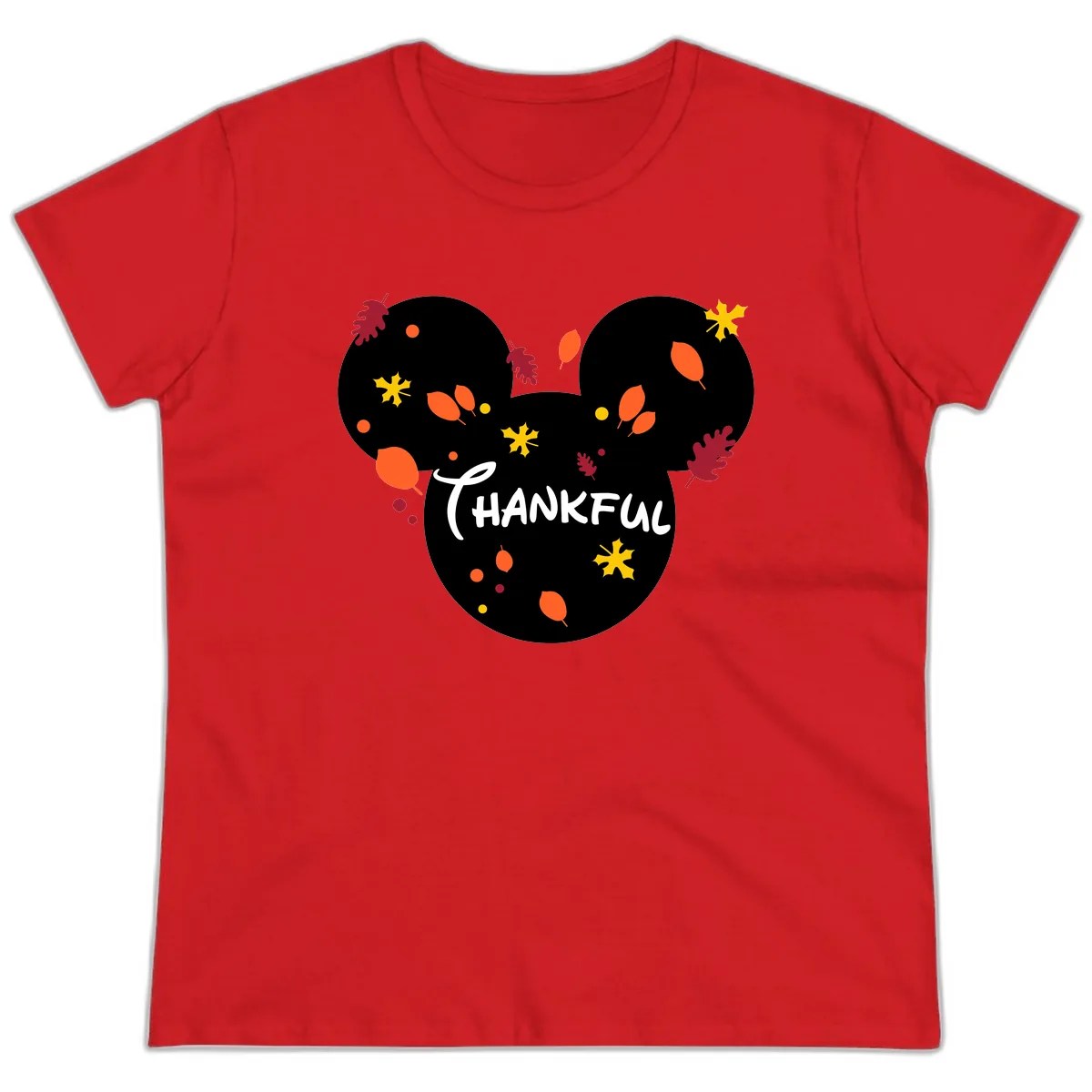 Mickey Ears Thankful Leaves Ladies Tee in Red