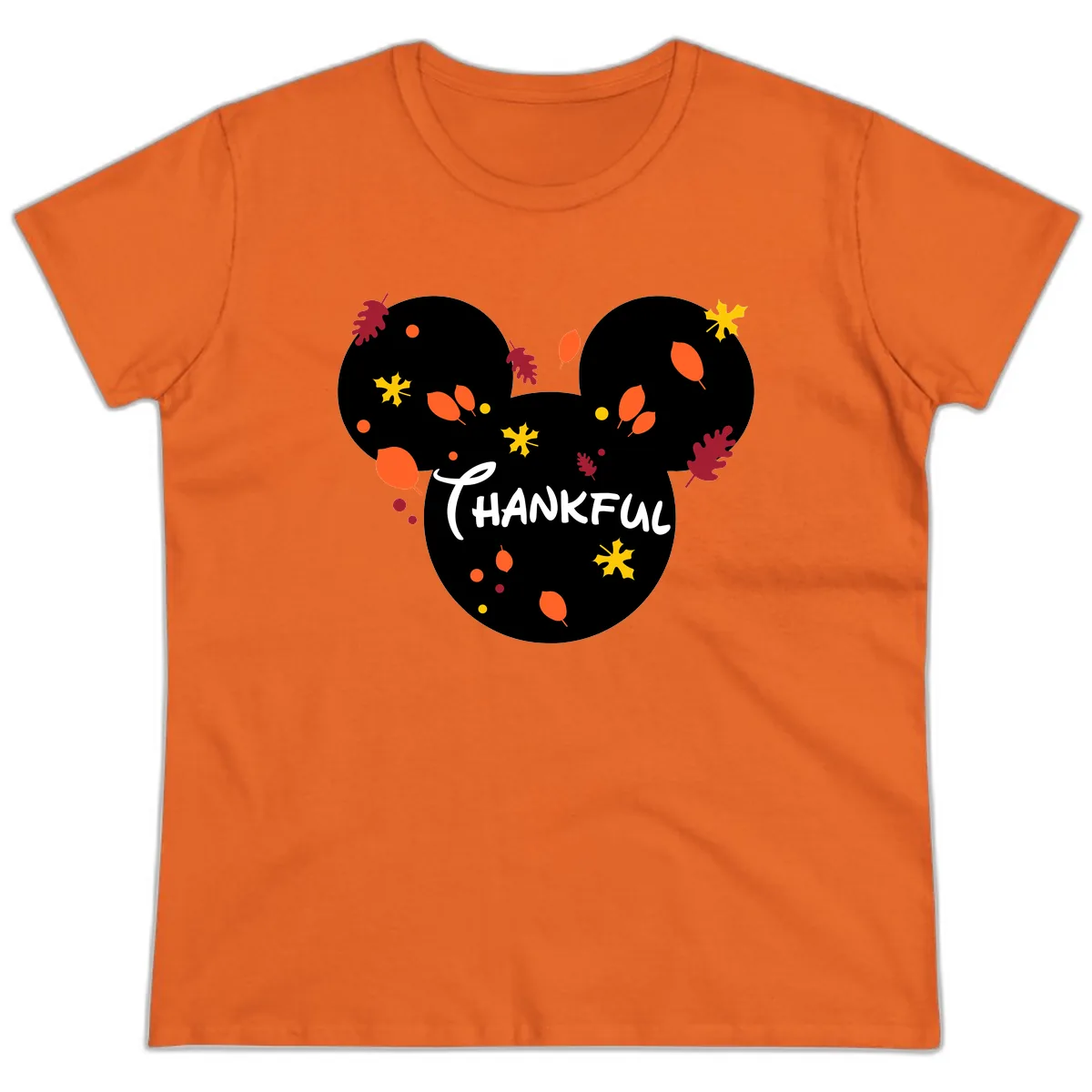 Mickey Ears Thankful Leaves Ladies Tee in Orange