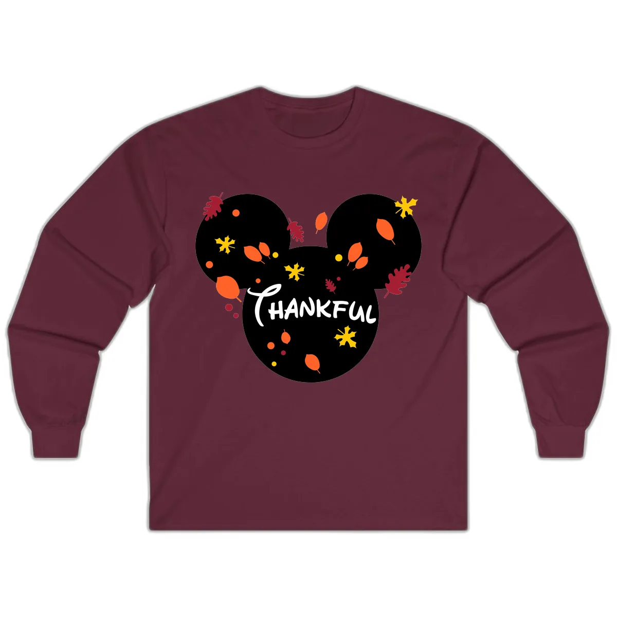 Mickey Ears Thankful Leaves Long Sleeve in Maroon