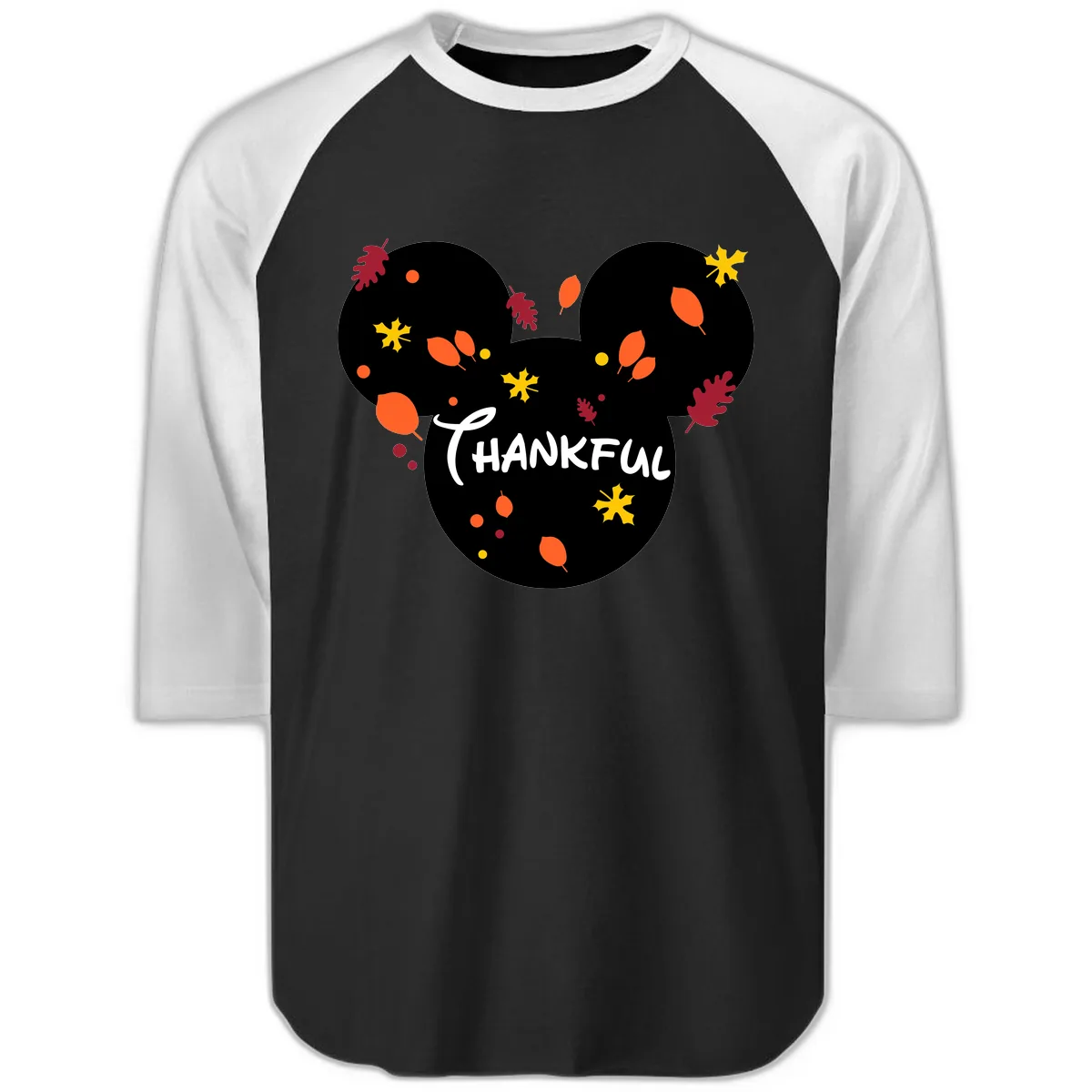 Mickey Ears Thankful Leaves Raglan 3/4 in Black White