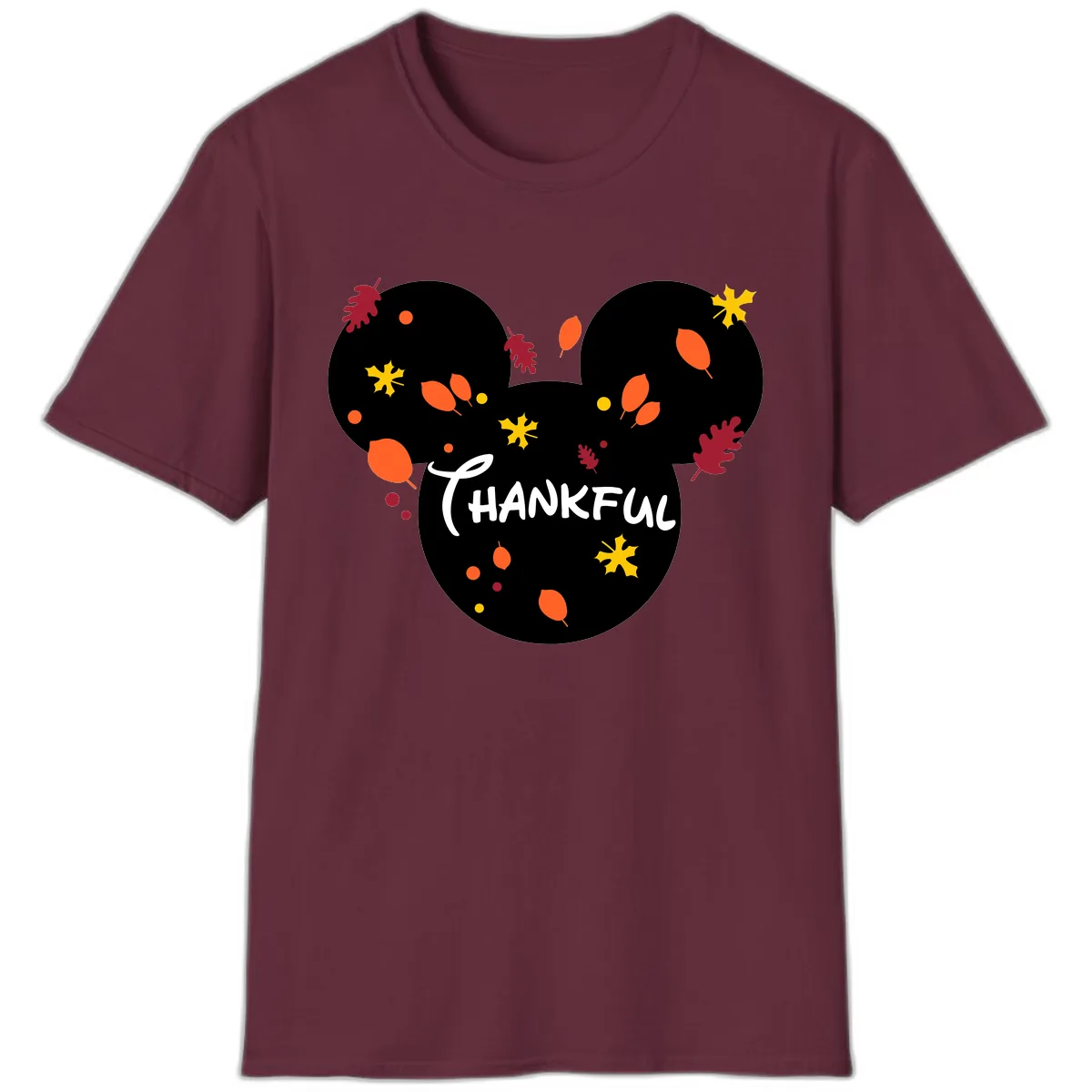 Mickey Ears Thankful Leaves T-Shirt in Maroon
