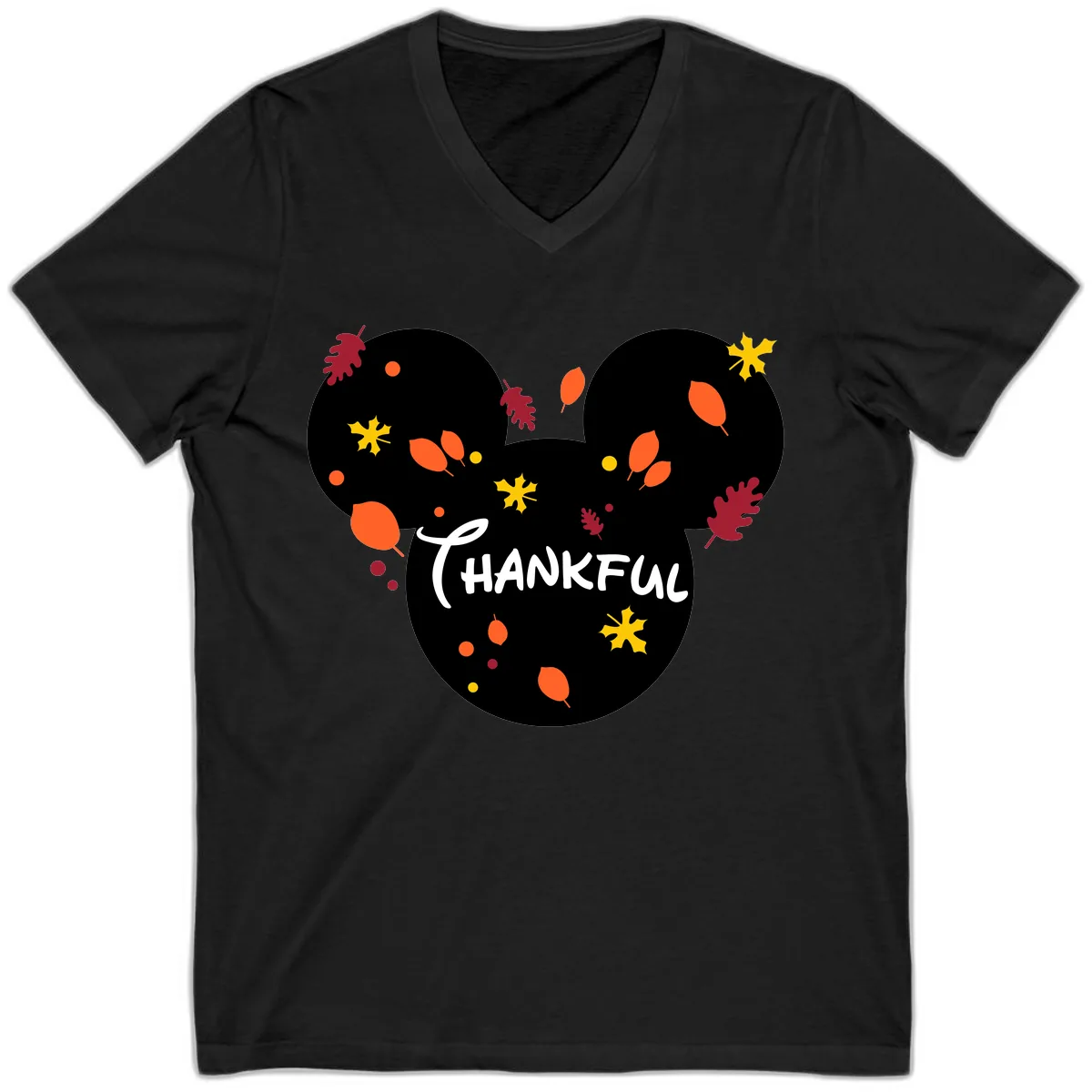 Mickey Ears Thankful Leaves V-Neck in Black