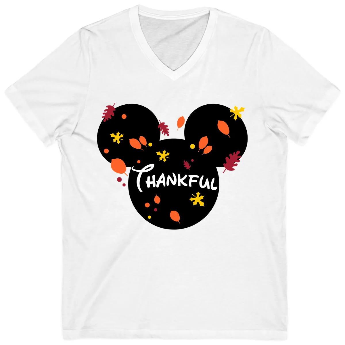 Mickey Ears Thankful Leaves V-Neck in White