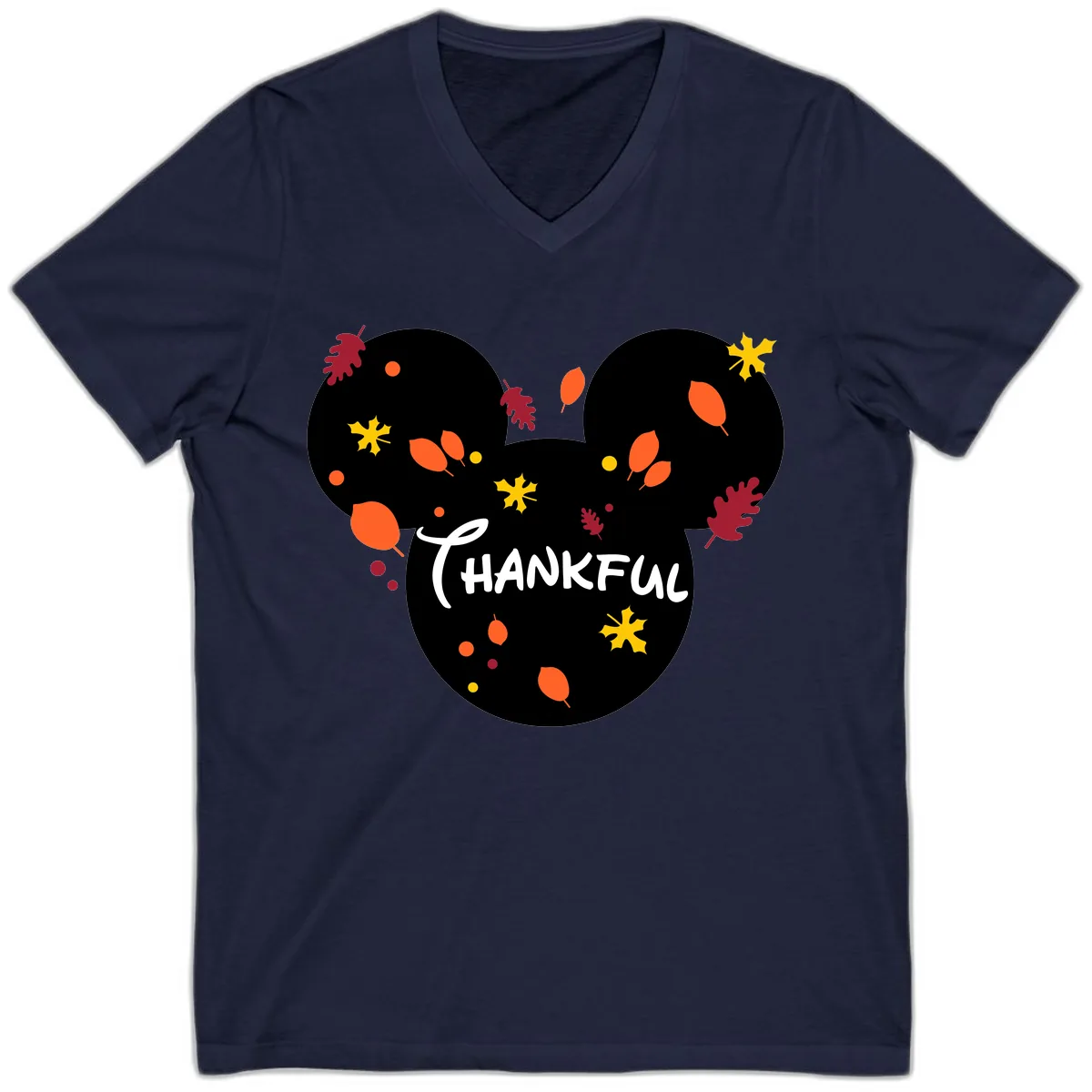 Mickey Ears Thankful Leaves V-Neck in Navy
