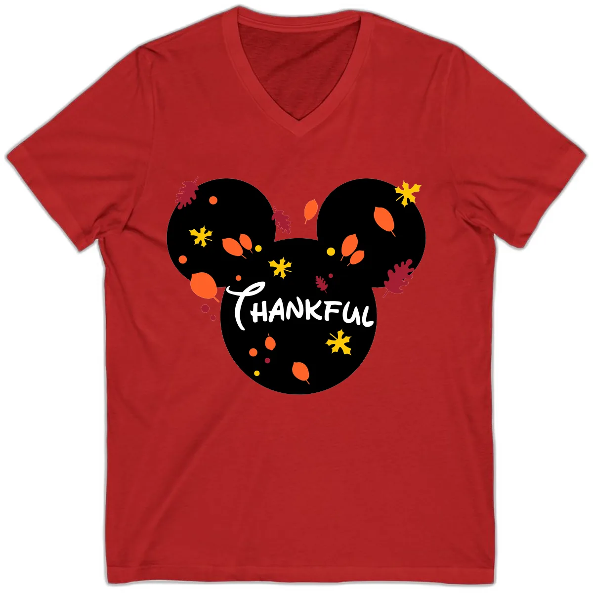 Mickey Ears Thankful Leaves V-Neck in Red