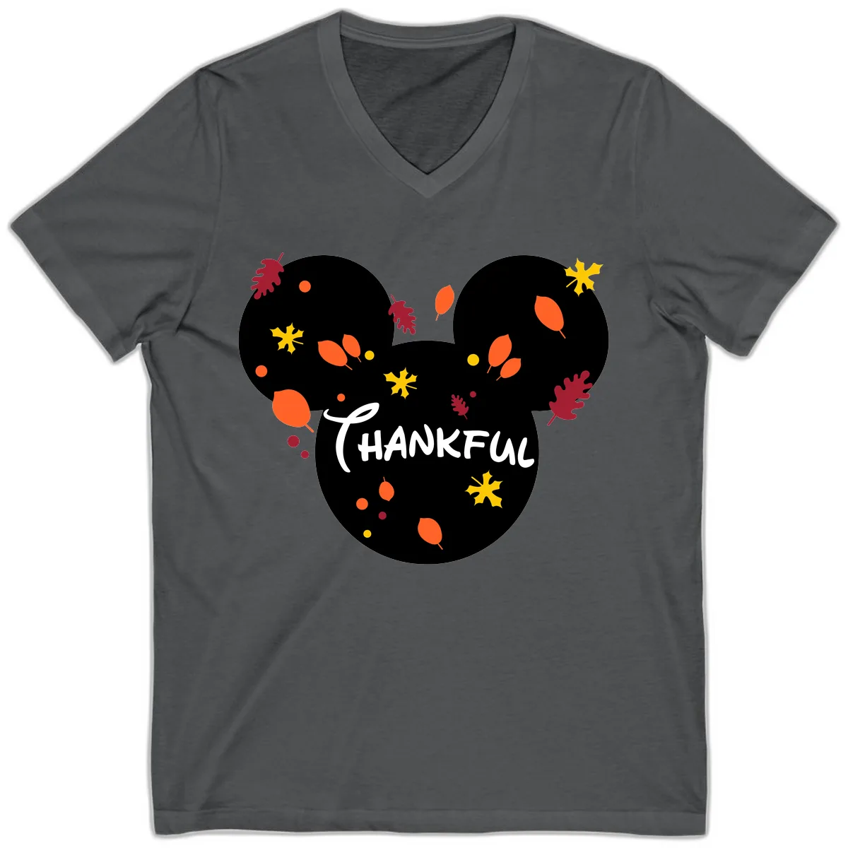 Mickey Ears Thankful Leaves V-Neck in Asphalt