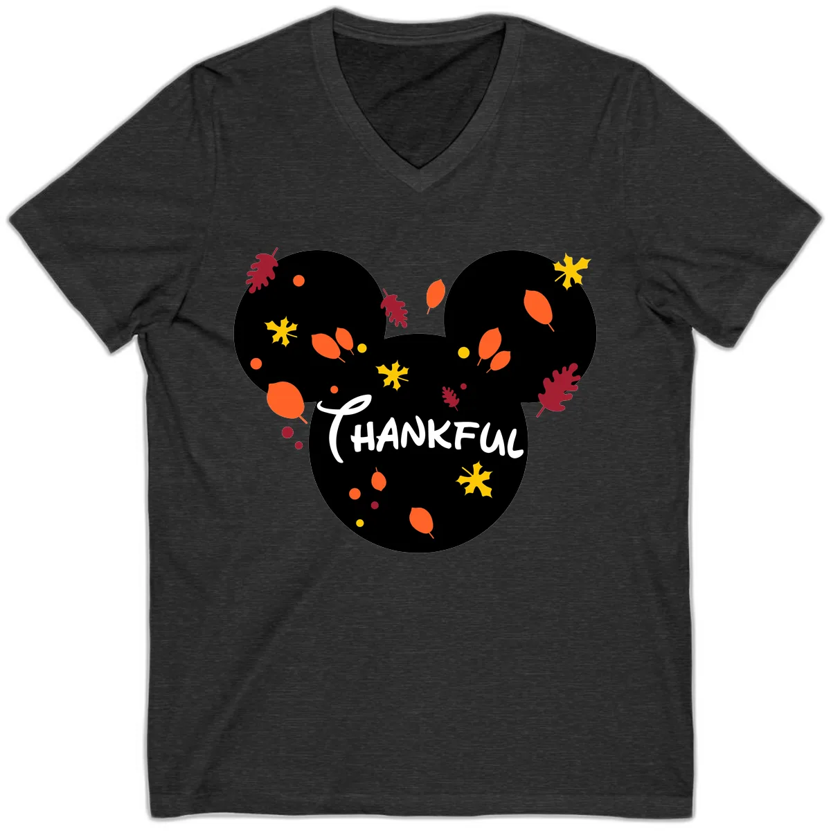 Mickey Ears Thankful Leaves V-Neck in Dark Grey Heather