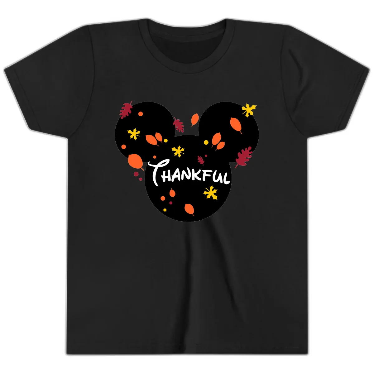 Mickey Ears Thankful Leaves Youth T-Shirt in Black