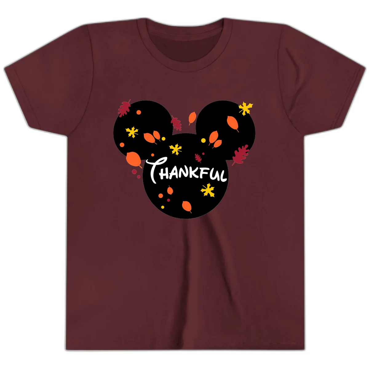 Mickey Ears Thankful Leaves Youth T-Shirt in Maroon