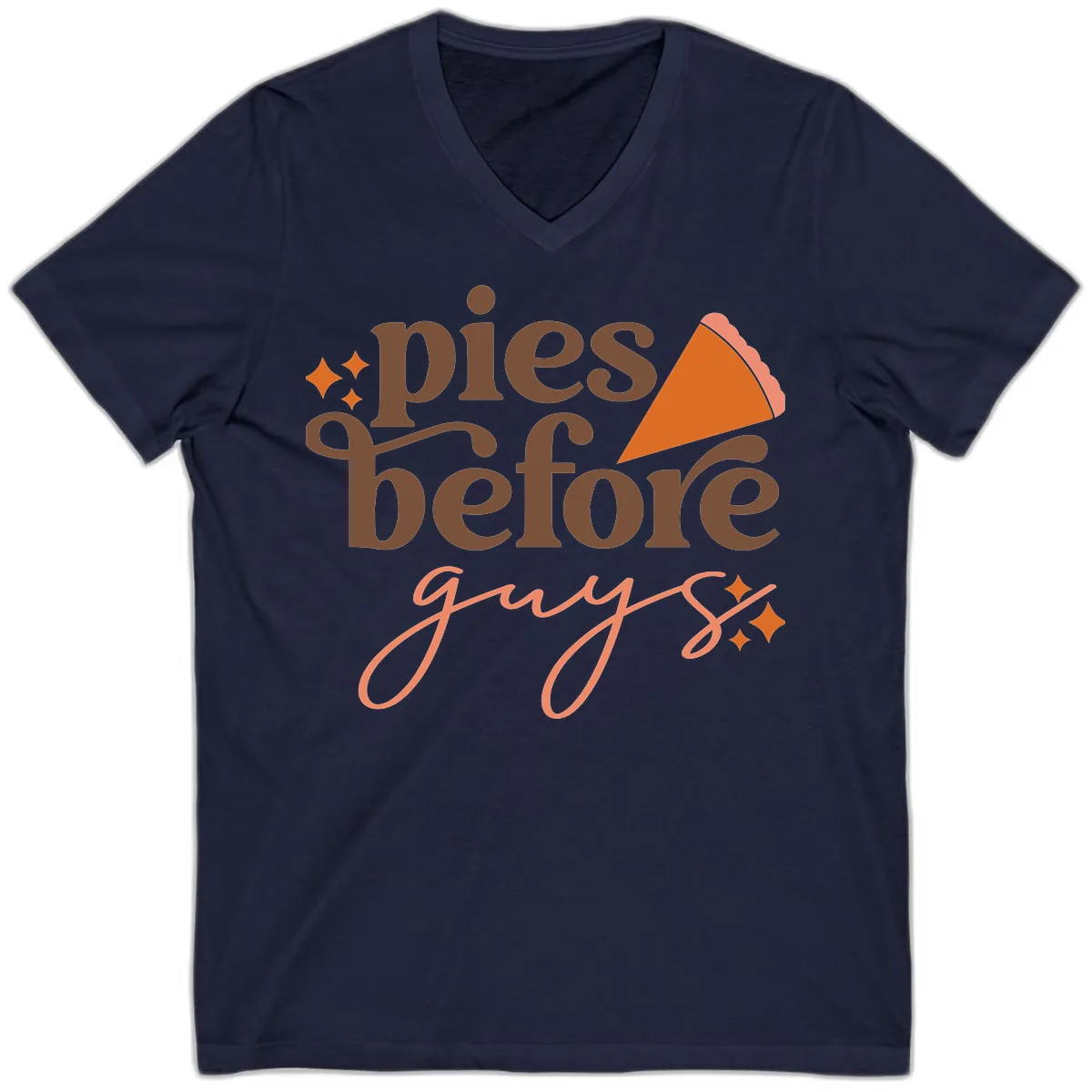 Pies Before Guys Thanksgiving Typography V-Neck in Navy