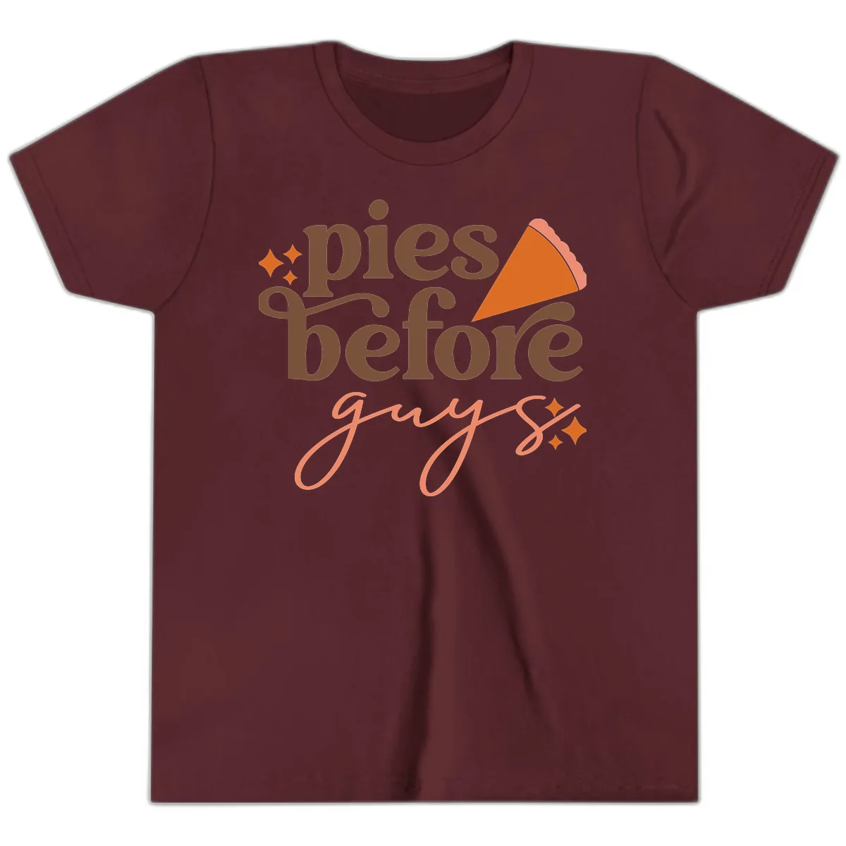 Pies Before Guys Thanksgiving Typography Youth T-Shirt in Maroon