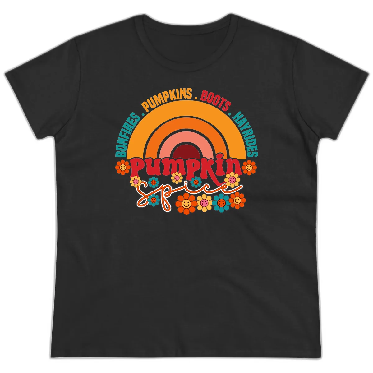 Retro Pumpkin Spice Rainbow Ladies Tee in Black
