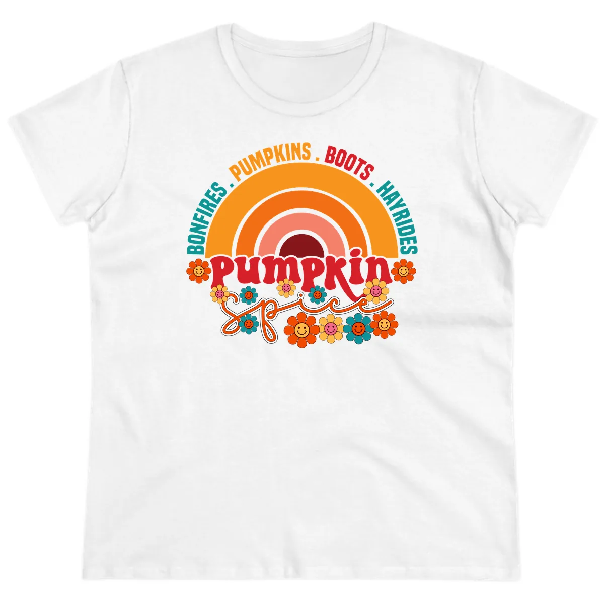Retro Pumpkin Spice Rainbow Ladies Tee in White