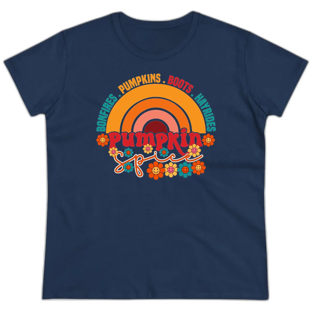 Retro Pumpkin Spice Rainbow Ladies Tee in Navy