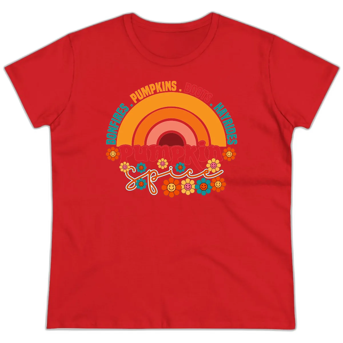Retro Pumpkin Spice Rainbow Ladies Tee in Red