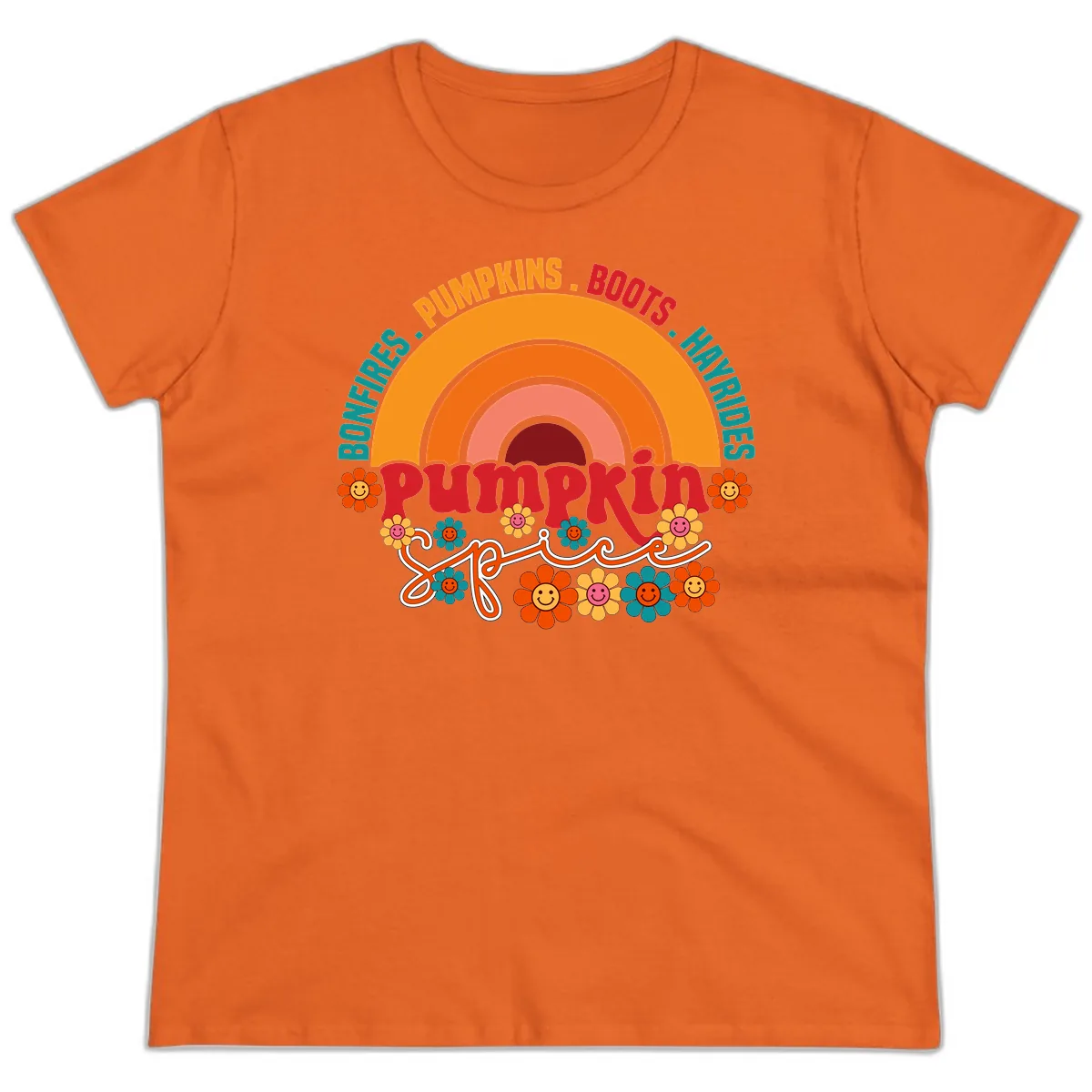 Retro Pumpkin Spice Rainbow Ladies Tee in Orange