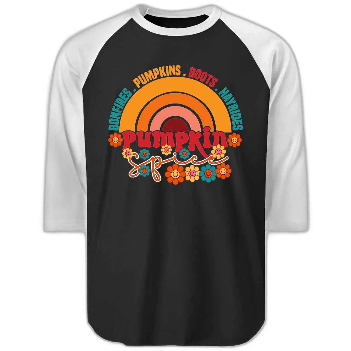 Retro Pumpkin Spice Rainbow Raglan 3/4 in Black White
